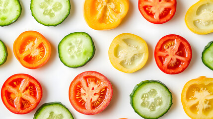 Close-up of colorful vegetable slices, including bell peppers, cucumbers, and tomatoes, arranged on...