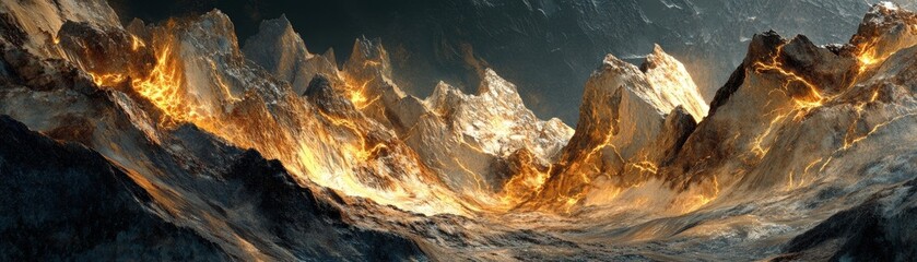 Fototapeta premium Illuminated Earth: Surreal Mountain Range with Glowing Veins of Precious Metals in High Detail Digital Painting