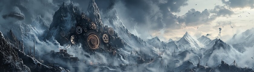 Steampunk Mountain: Industrial Gearworks in Dark Tones