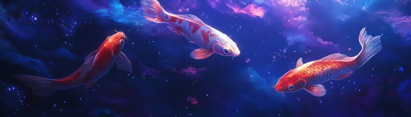 Mystical Holographic Koi Fish Gliding in Cool Blue and Purple Night Sky, Fantasy Illustration with Luminous Vibes