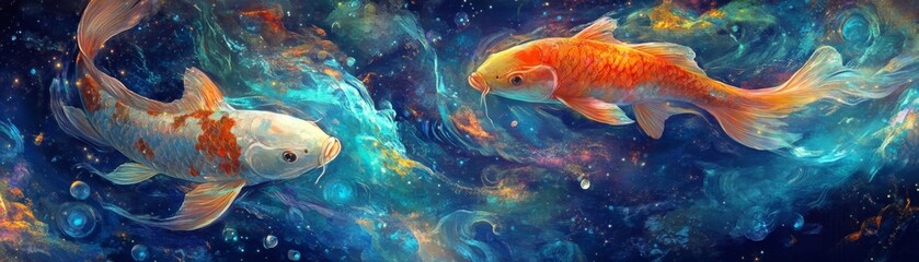 Naklejka premium Luminous Fantasy: Holographic Koi Fish Gliding in Cool Blues and Purples Through Night Sky - Illustration of Enchanting Underwater World