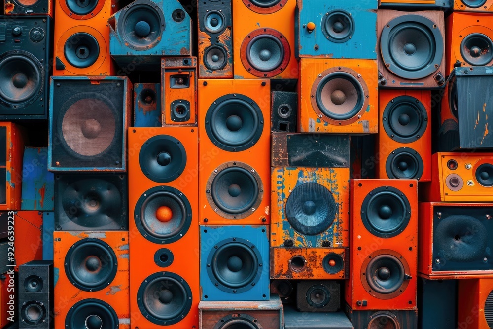 Poster a stack of speakers forming a unique structure, potentially used for decorative or display purposes