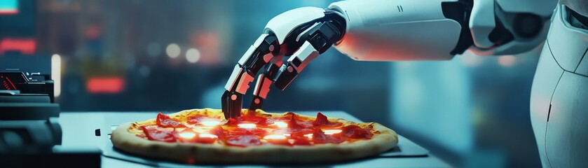 Naklejka premium Futuristic Robot Chef Crafting Cyberpunk Pizza with Digital Toppings in High-Tech Kitchen - Dark Hues Digital Illustration