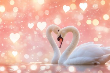 Fototapeta premium Romantic swan couple on valentine s day card background symbolizing love and romance