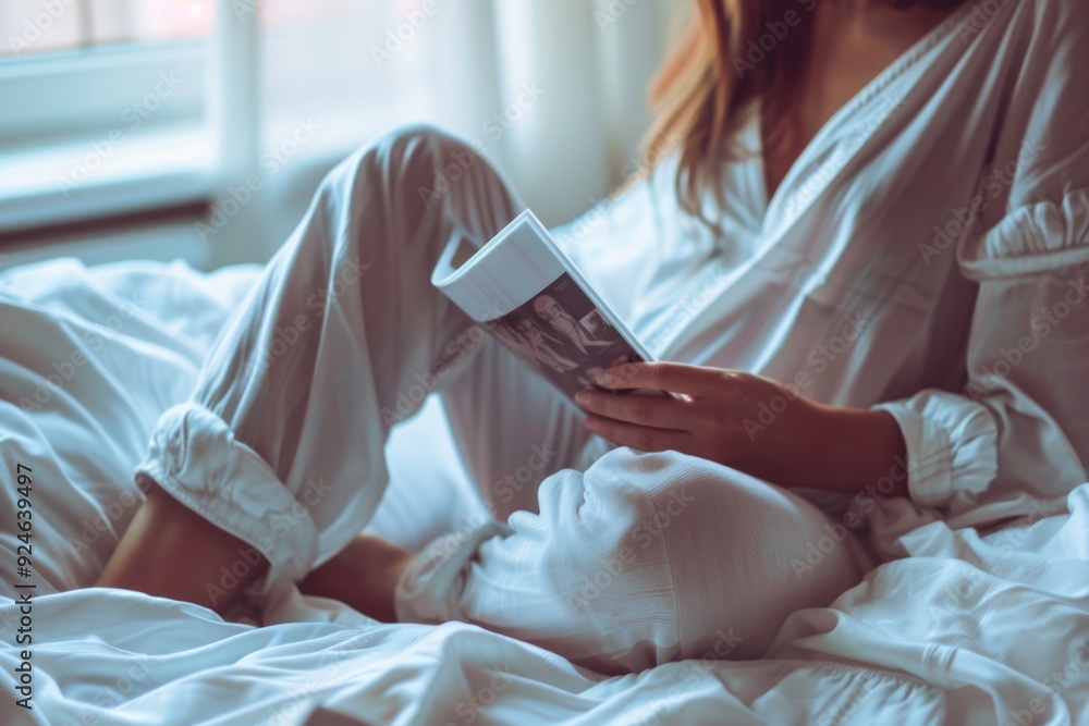 Poster A woman sits on a bed reading a book, relaxed and engrossed in the story