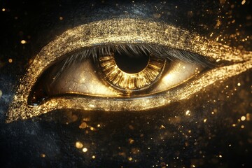 Artistic golden eye of horus photo on black background, symbol of egyptian sun god ra