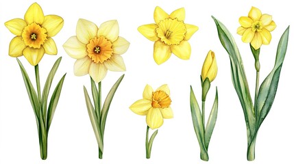 Set of Watercolor Daffodil Flowers Clipart, Hand-Painted Floral Illustrations Isolated on White Background