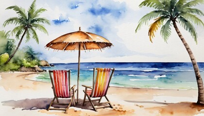 watercolor painting of a serene beach with two chairs under a straw umbrella, calm blue sea in the background, palm trees, a partly cloudy sky, and a peaceful day