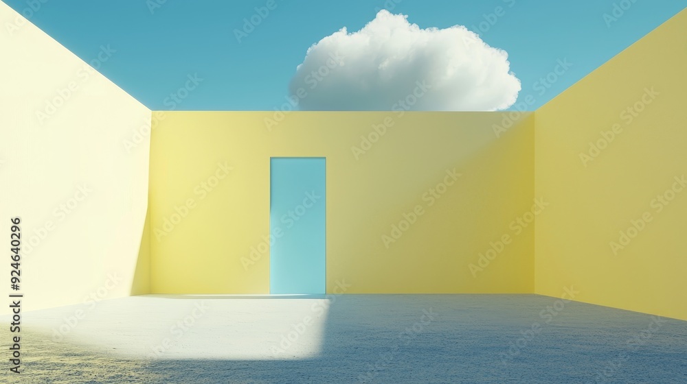 Poster render of a yellow tunnel with white clouds flying out of it in 3d