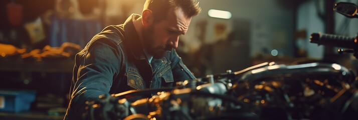 Mechanic in a denim jacket carefully working on a motorcycle engine with various tools in a dimly lit garage featuring a warm light.