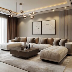 A living room with a white couch and a coffee table