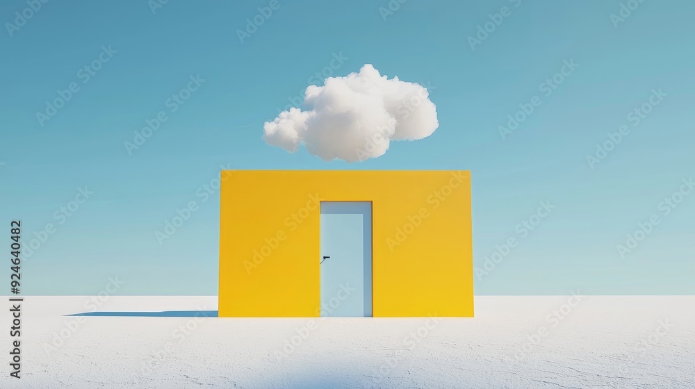 Poster render of yellow abstract clouds flying out of a tunnel in 3d