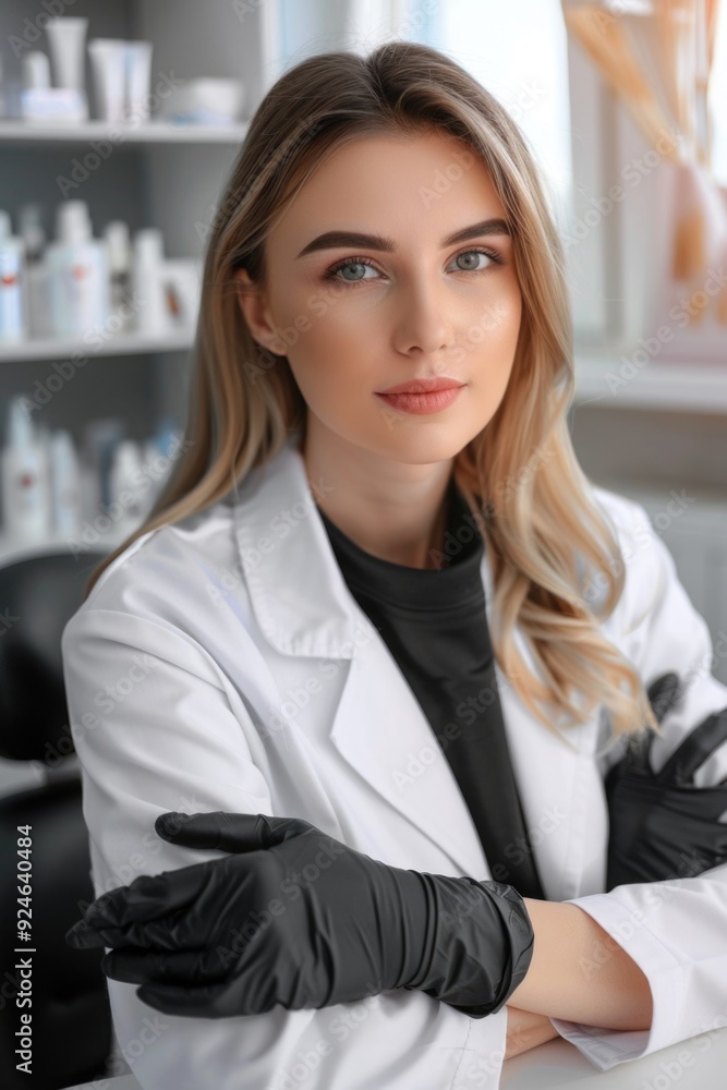 Poster Scientist in lab coat and gloves working in laboratory setting