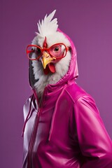 Stylish and Swagged-Out Chicken Character: Realistic Cartoon Bird in Trendy Clothing and Fashionable Pose, Combining Anthropomorphic Charm with a Playful Fashion Sense