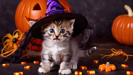 Adorable kitten wearing Halloween costume, adorable kitten on Halloween, Halloween background, cute pet on Halloween, pet halloween costume, ai generated