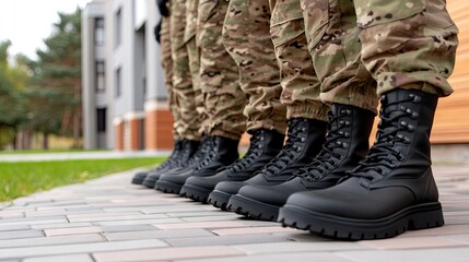 Soldiers in camouflage uniforms stand united with their black boots prominently displayed against a blurred backdrop