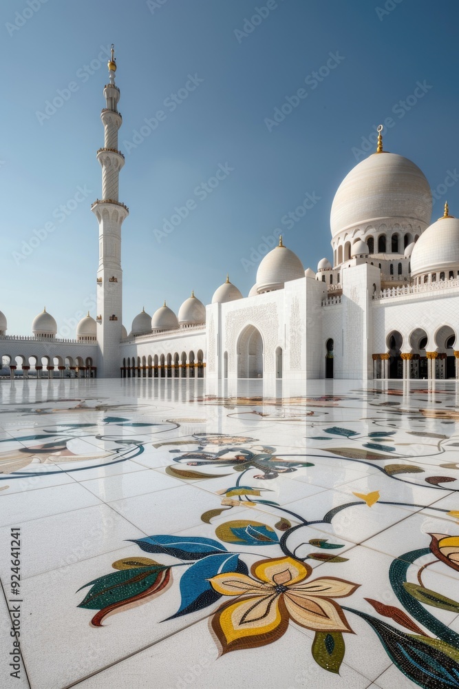 Poster A large white building with a unique flower pattern on the floor, perfect for architectural or interior design use