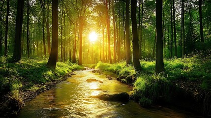 Obraz premium A tranquil forest with a serene river flowing through it at sunset