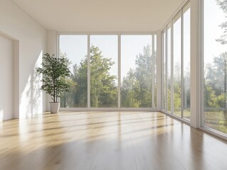 A large open room with a potted plant in the corner