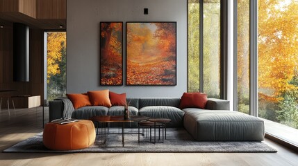 Modern living room in autumn colors, digital art. Ai generation