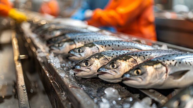 The image showcases a modern fish processing plant where freshly caught fish are transported on a conveyor belt, illustrating the latest techniques in seafood production.