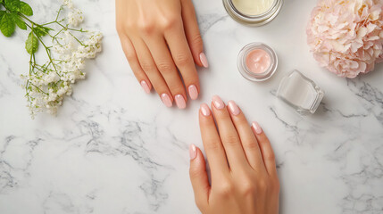 Overhead view of a pair of hands with healthy, manicured nails placed on a marble countertop. The nails are polished with a clear coat, showing a healthy pinkish tint and strong, smooth texture. 