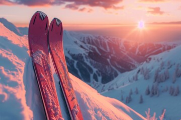 A pair of skis resting at the top of a snowy hill, perfect for a winter sports image