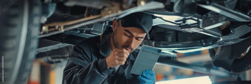 Poster an attentive mechanic uses documentation tools to check and inspect the underside of a vehicle in a 