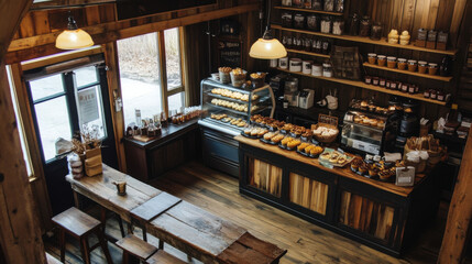 A cozy, rustic cupcake shop with wooden tables and a selection of homemade cupcakes