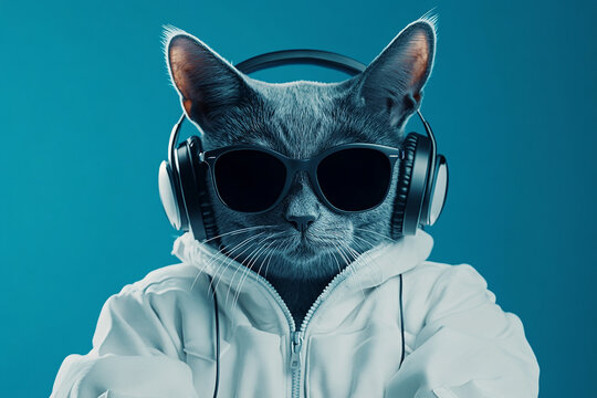 fantasy character with cat head in sunglasses and headphones wearing white jacket listening to music againt blue background