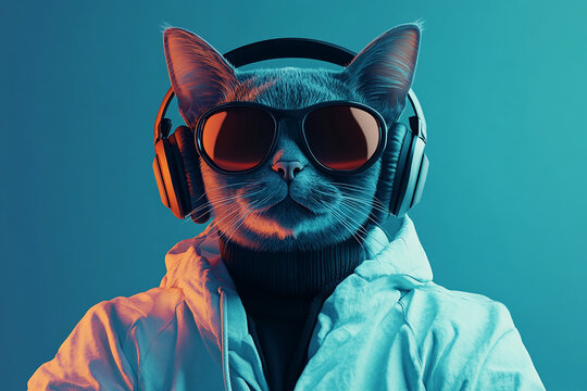 fantasy character with cat head in sunglasses and headphones wearing white jacket listening to music againt blue background
