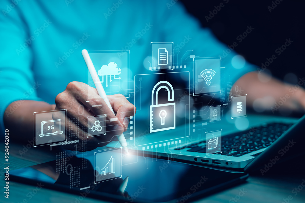 Poster cyber security and security password login online concept hands typing and entering username and pas