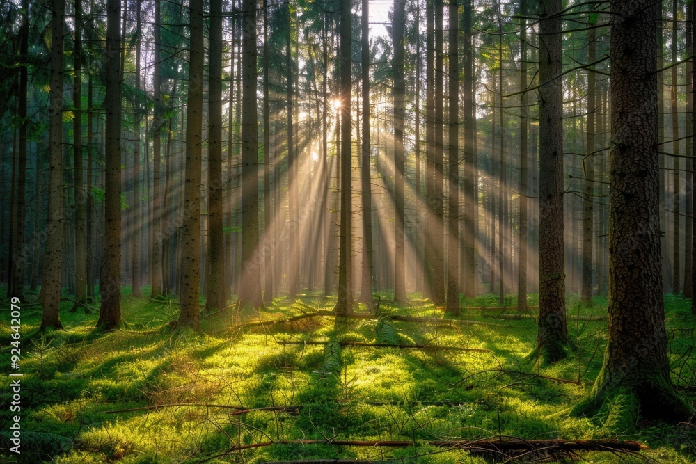 Poster a serene scene of sunlight peeking through the treetops in a dense forest