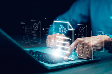 Online survey filling out and digital form checklist by laptop computer, Document Management Checking System, online documentation database and process manage files.
