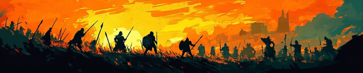 In a battlefield with wounded, defeated knights, bloodthirsty feasting crows, spear fragments and battered castles as the sun sets behind a bright sunset. This is 2D artwork.