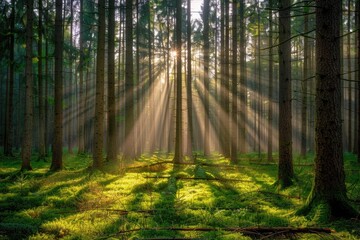 Obraz premium A serene scene of sunlight peeking through the treetops in a dense forest