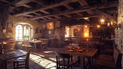A dark moody medieval tavern interior with food and drinks placed on tables, an open fireplace, candles, and daylight streaming through a window. 3D illustration.