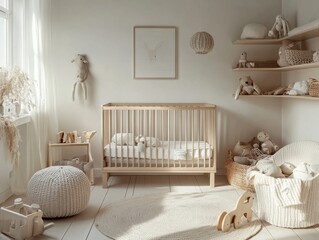 A nursery with a crib, stuffed animals, and a rocking horse