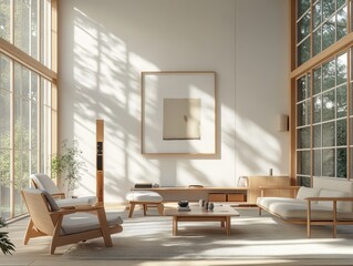 A large living room with a white wall and a large picture hanging on it