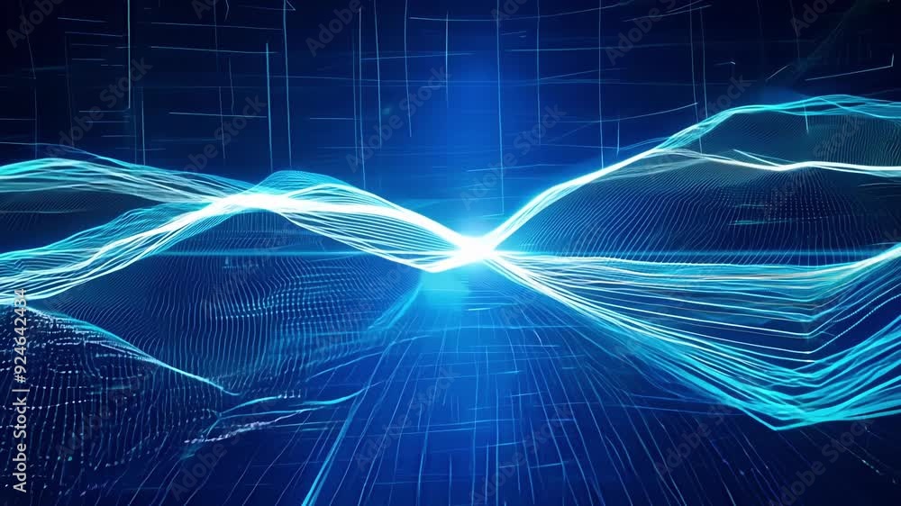 Poster a vivid and vivid abstract background featuring a dazzling blue digital grid and pulsating data conn