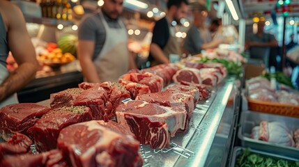 A shop counter full of fresh meat, emphasizing the trade of quality products.
