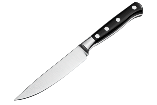 A sharp kitchen knife with a sleek black handle, perfect for precision cutting and culinary tasks.