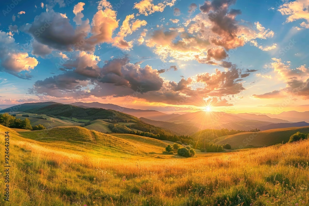 Poster a serene landscape with the sun setting behind the grass, ideal for use in nature-inspired designs
