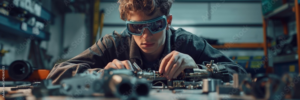 Poster an engineer is intensely focused on assembling electronic components at a cluttered workbench in a t