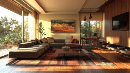 Fototapeta premium Modern living room in autumn colors, digital art. Ai generation