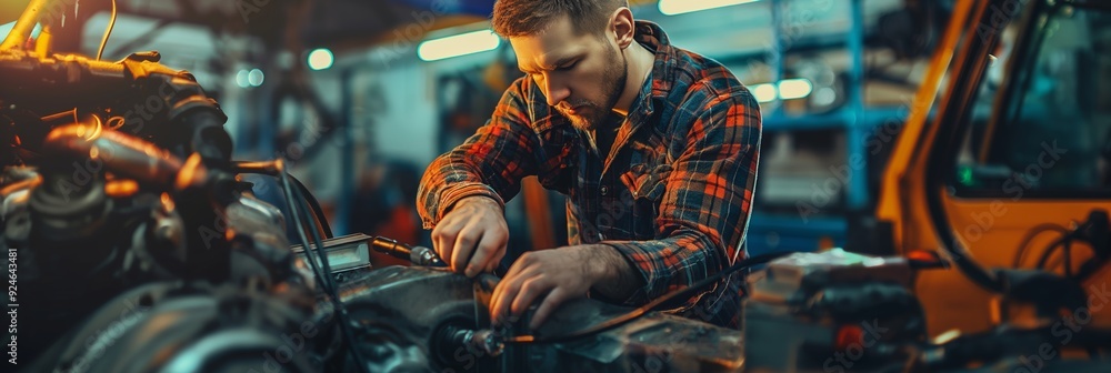 Poster a mechanic is diligently working on a vehicle engine in a workshop, surrounded by various tools and 