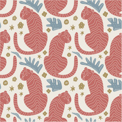 Boho funny grumpy cat toyger seamless pattern, Scandinavian childish style cute animalistic hand drawn flat tigers stripes vector illustration, adorable funny nursery tropical exotic animals, flowers