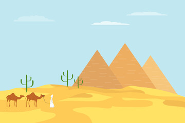 Egyptian pyramids. Bedouin with camels on the background of Egyptian pyramids. Egyptian pyramids on the background of sky and sun. Vector, cartoon illustration. Vector.