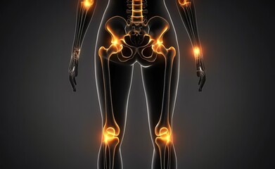Fototapeta premium An illustration of the female human body with glowing orange dots on her hip and knee bones, highlighting pain in these areas.