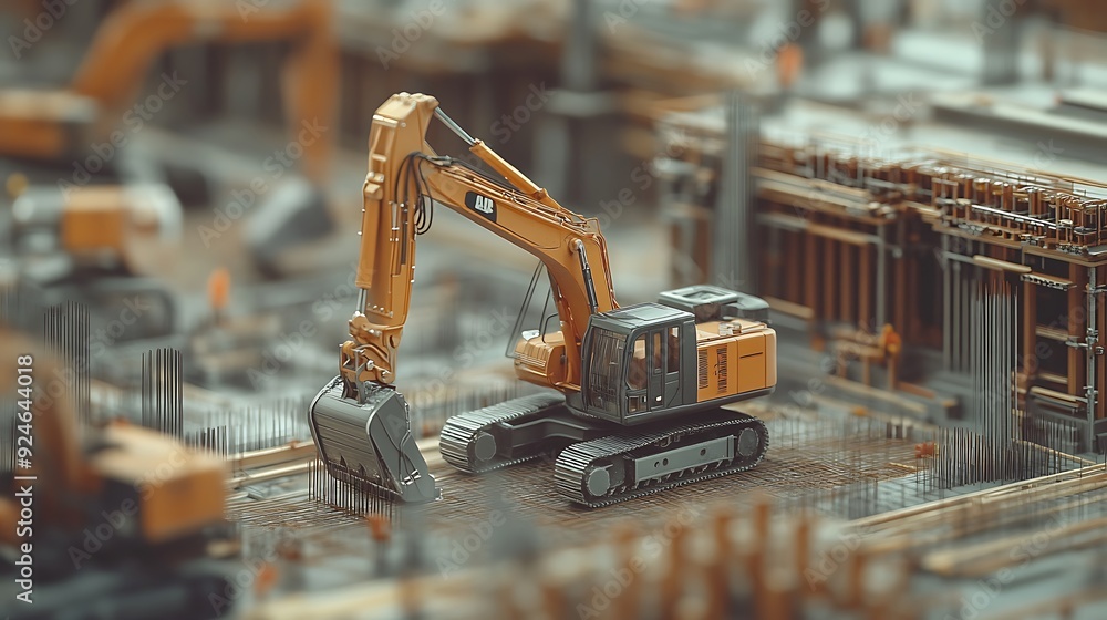 Poster ai-driven autonomous construction site with digital blueprints and smart machinery